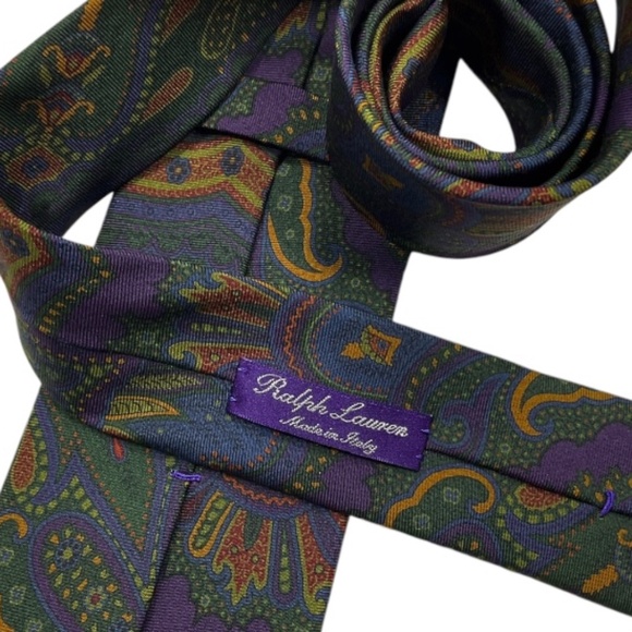 RALPH LAUREN PURPLE LABEL Purple/Green Paisley Silk LUXURY Tie HANDMADE ITALY - Picture 3 of 6